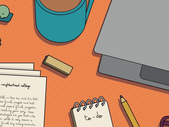 Graphic of desk top with notes, sticky notes, a coffee mug, a pen, a pencil, a Smiski, glasses, and a laptop