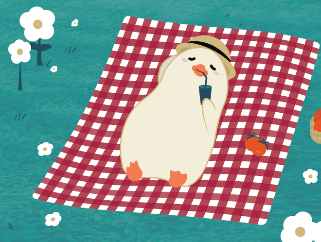 Graphic of duck laying on picnic blanket on a field of grass and flowers