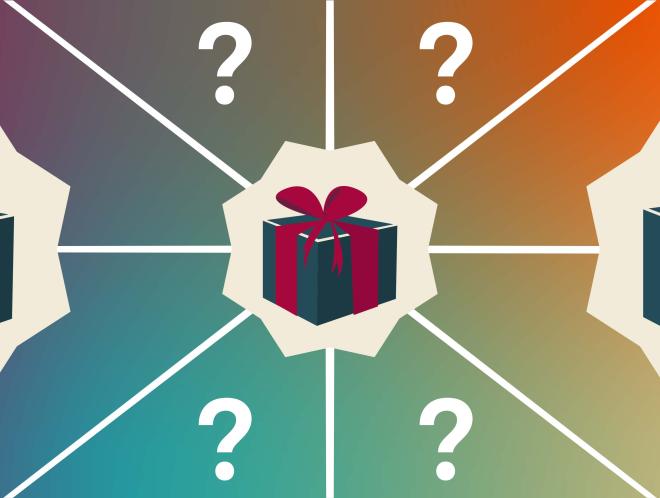 Colorful graphic with question marks and gift boxes