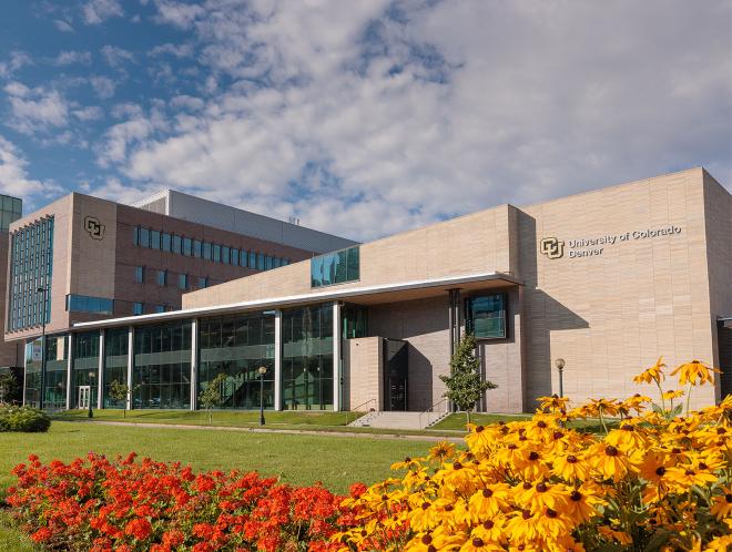 CU Denver buildings with red and yellow flowers in front of building