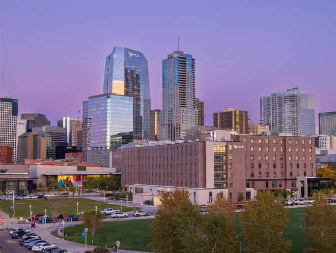 Downtown Denver with purple sky at sunset