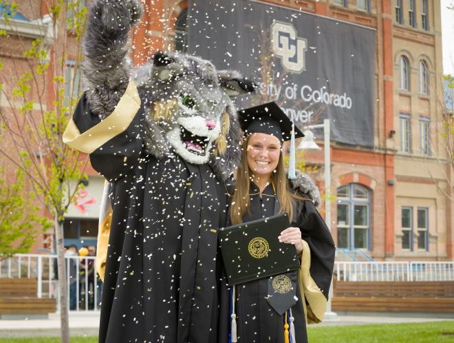Milo the mascot with a graduate student and confetti
