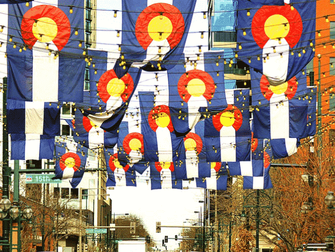 Colorado flags in downtown Denver