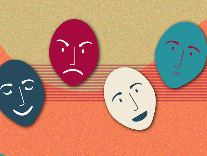 Graphic of two head silhouettes with emotions floating between them.