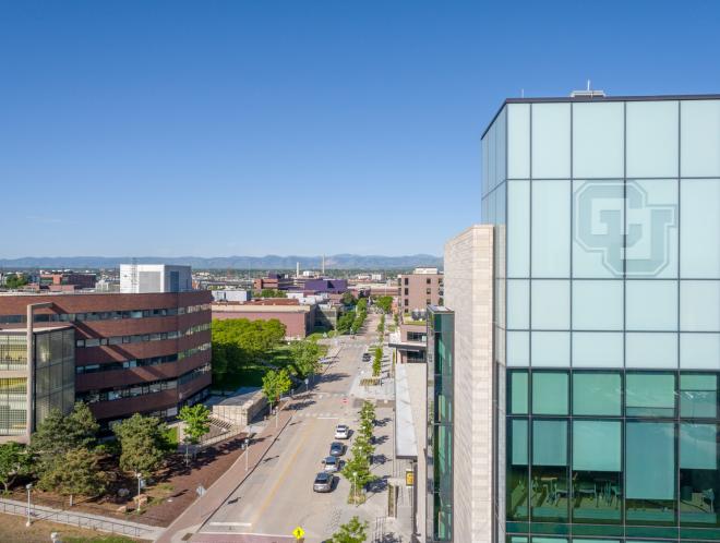 CU Denver aerial shot of Student Commons Building and North Classroom