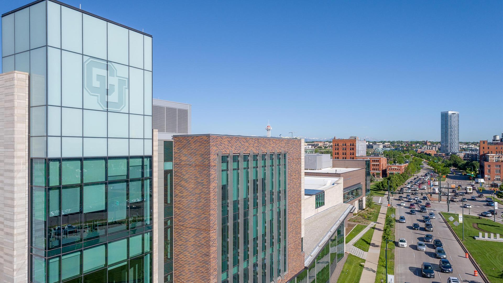 Aerial shot of CU Denver building in downtown Denver