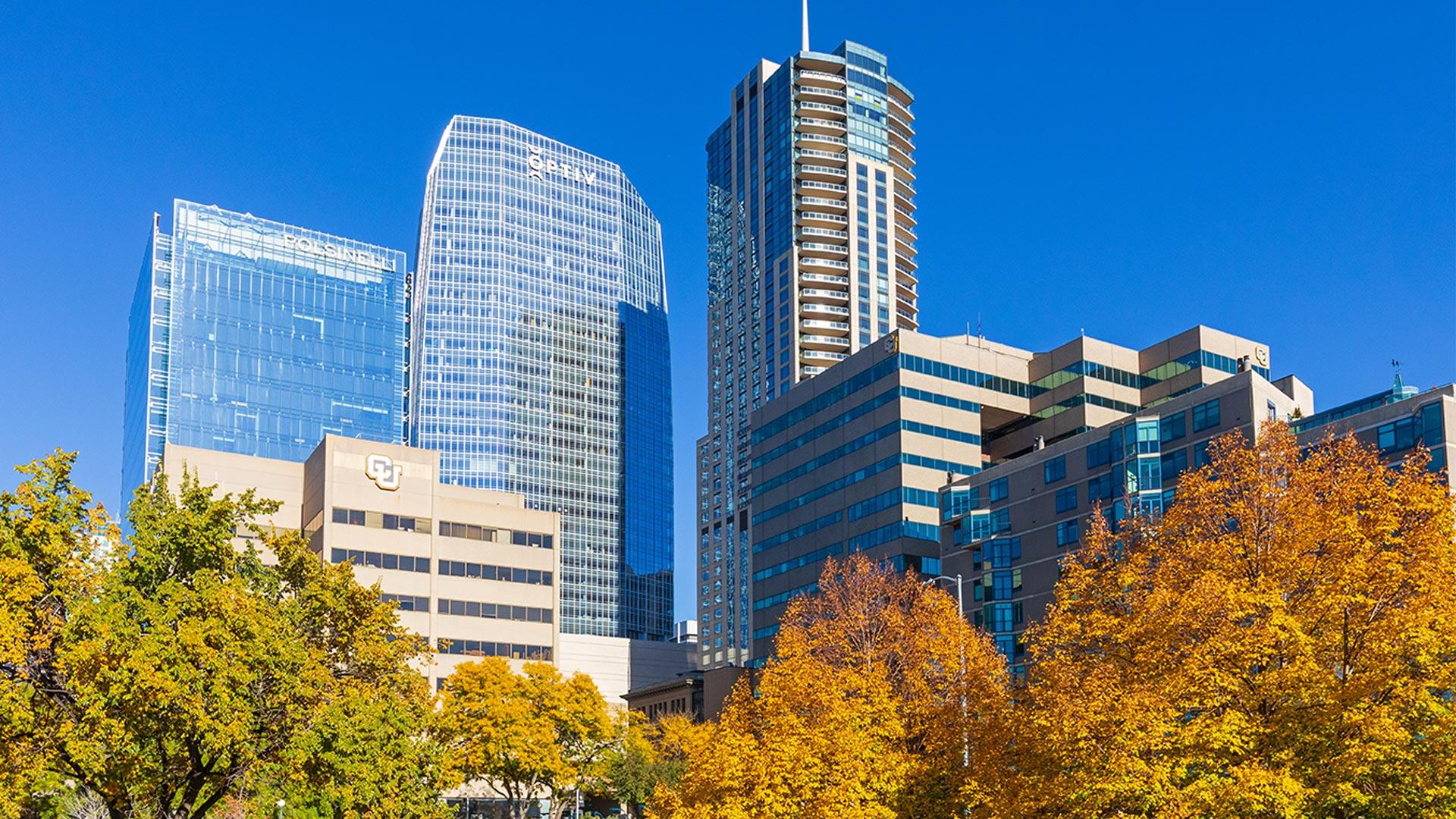 Skyscrapers in Denver with CU Denver campus buildings in foreground