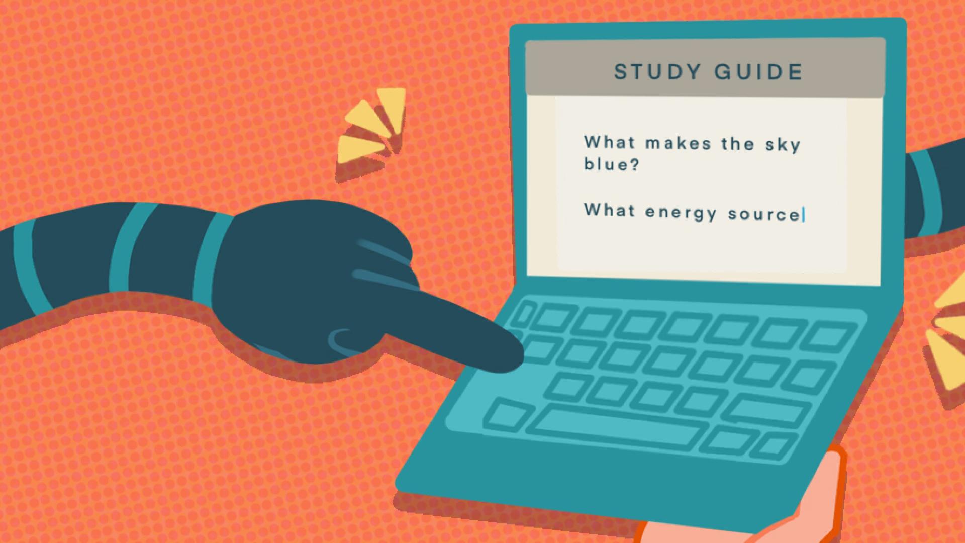 Graphic of robot arms creating study guide on laptop