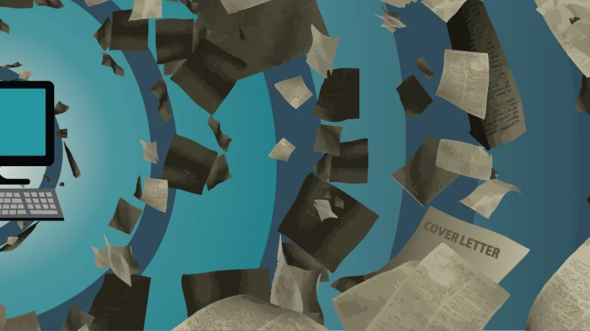 Graphic of cover letters spiraling out of a computer