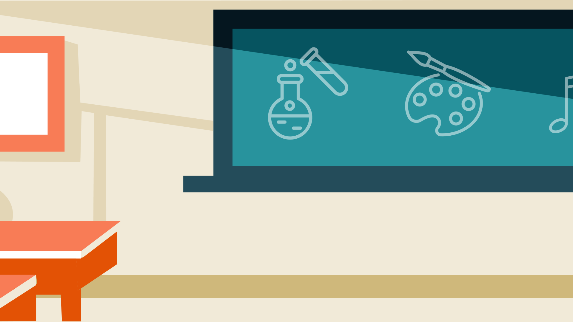Graphic of classroom with chalkboard. Chalkboard has drawings of chemistry flasks, a paint palette and paintbrush, music notes, and an atom.