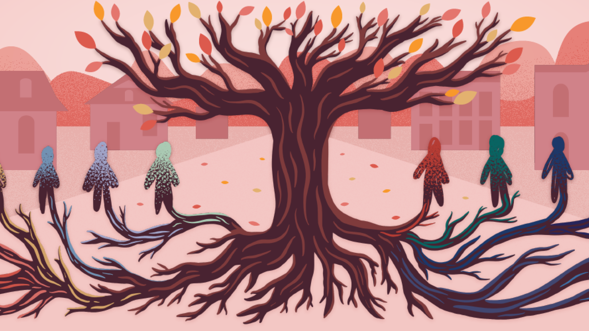 Graphic of people connected to tree roots in Ninth Street Historic Park