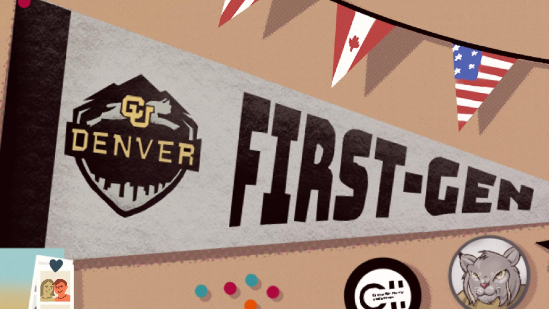 Graphic of cork board with CU Denver first-gen pennant, international flags, photos, stickers, and a tassel