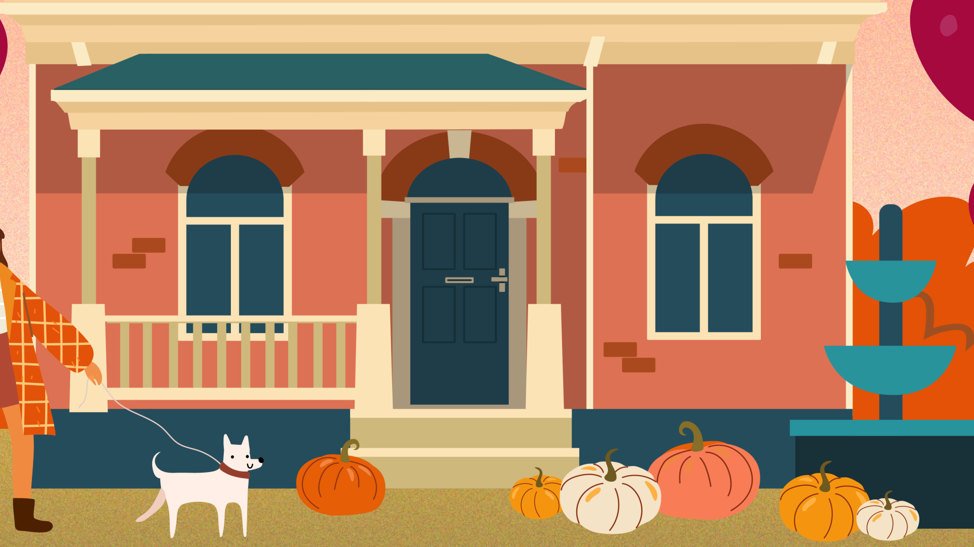 Graphic of colorful house in fall with person walking dog in front