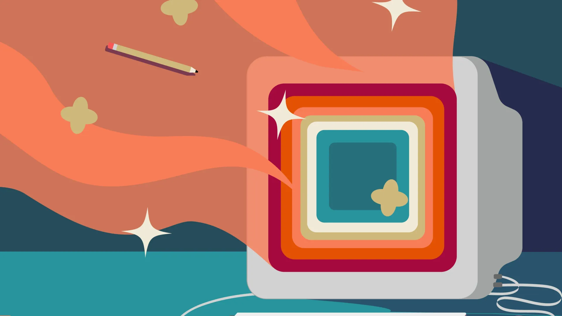 Graphic of computer with graphic elements and school supplies floating from the screen