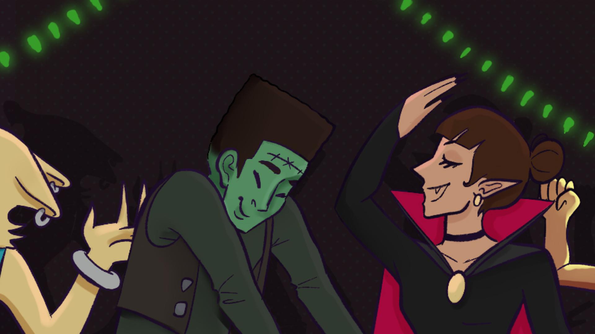 Graphic of a werewolf, Frankenstein, a vampire, and a ghost dancing