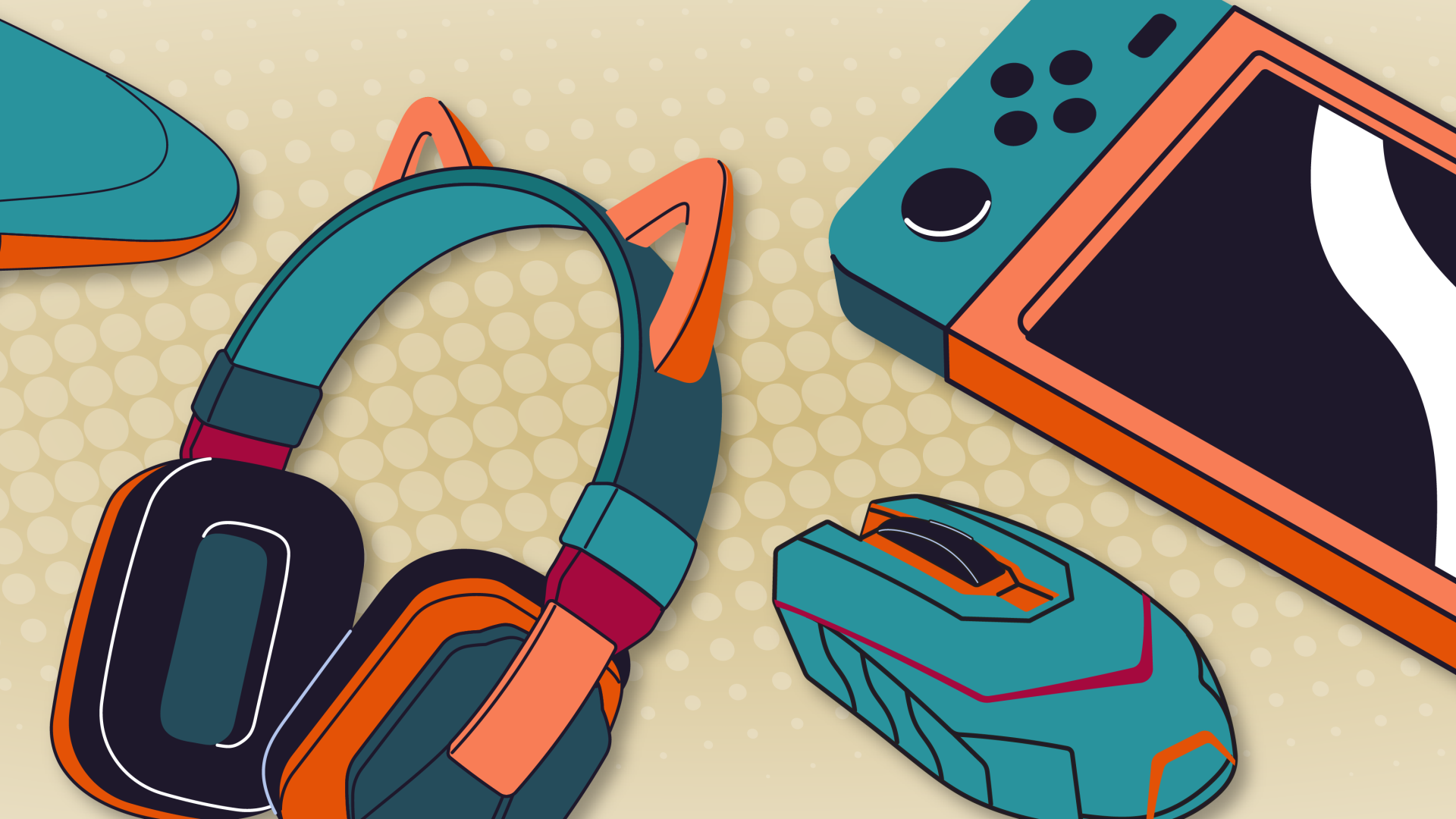 Graphic of a game controller, gaming headset, computer mouse, and gaming console.