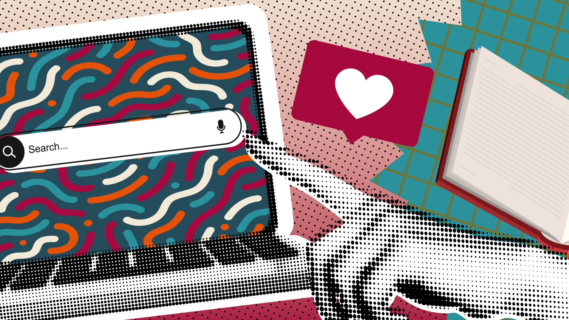 Collage of graphics of a laptop, books, a hand pointing, a lightbulb, and a like notification