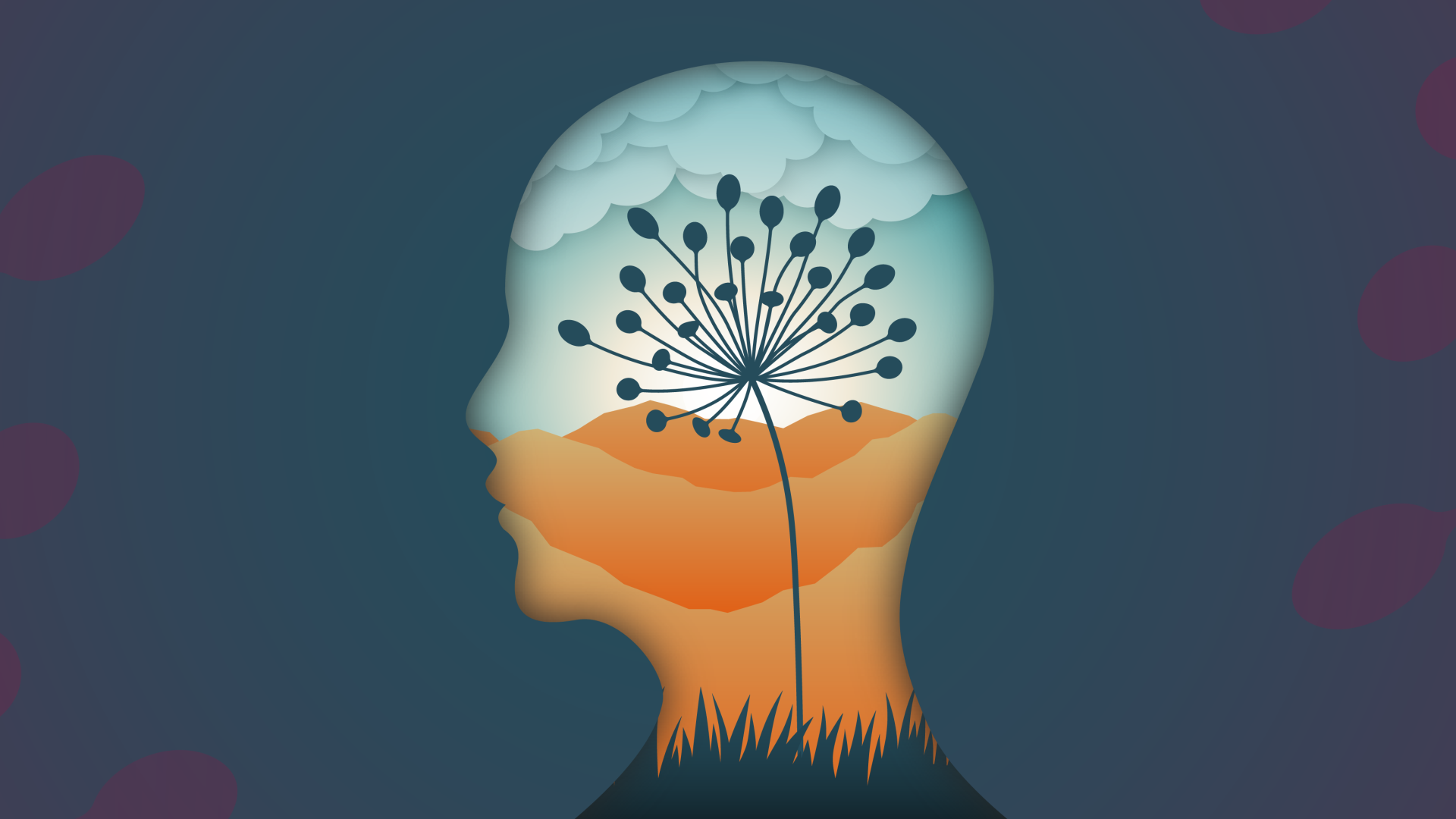 Graphic of silhouette of a head with nature imagery inside