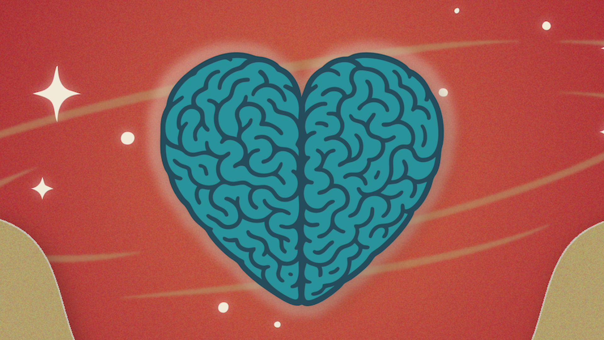 Graphic of brain in the shape of a heart, stars, and hands