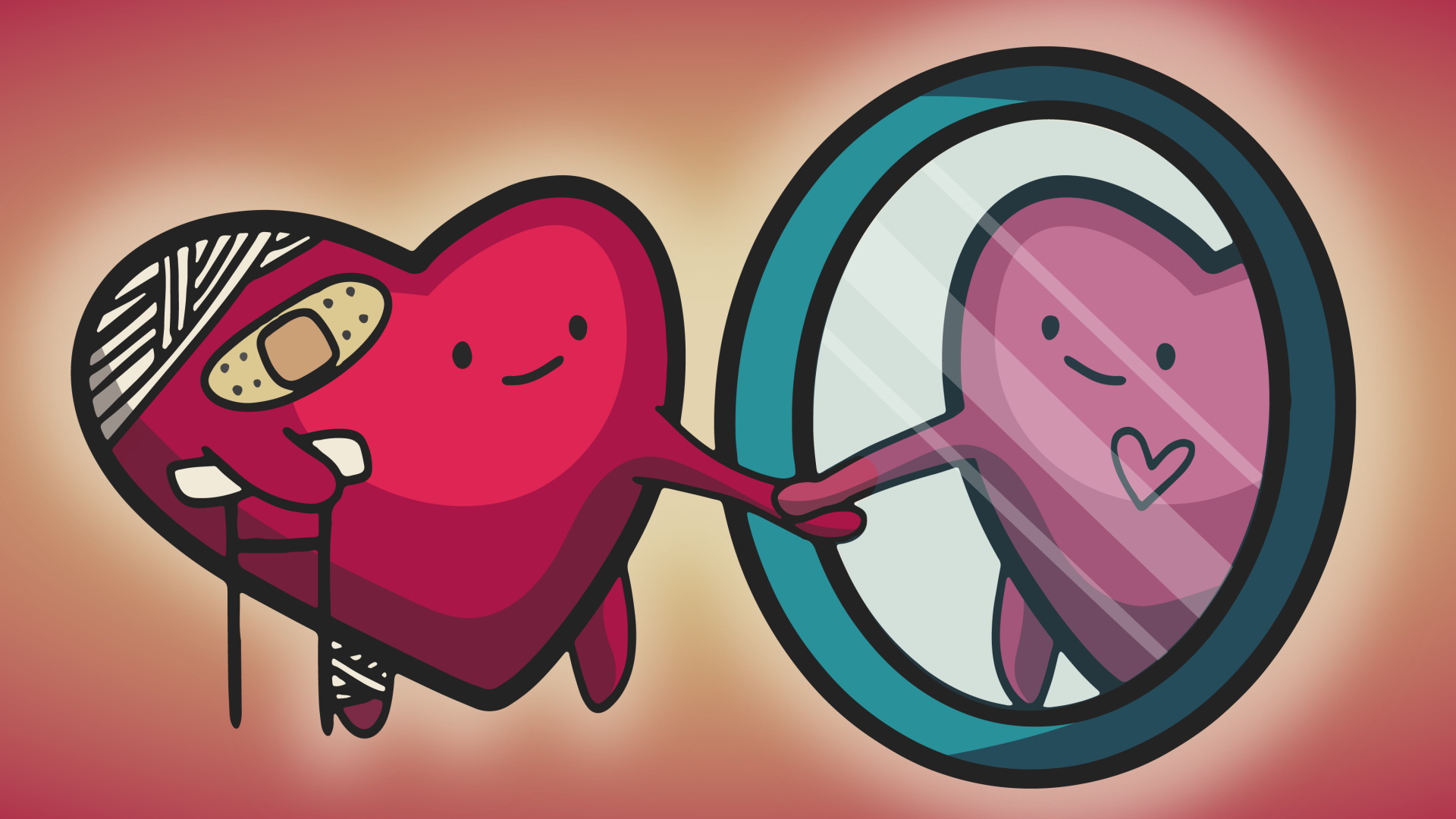 Graphic of injured cartoon heart holding hands with its healed reflection