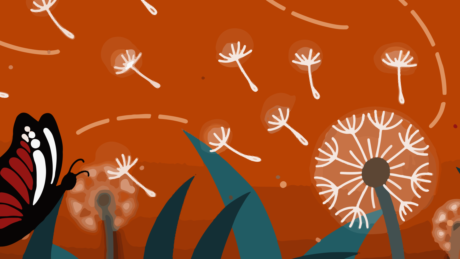 Graphic of a dandelion and butterfly in grass with dandelion seeds blowing in the wind