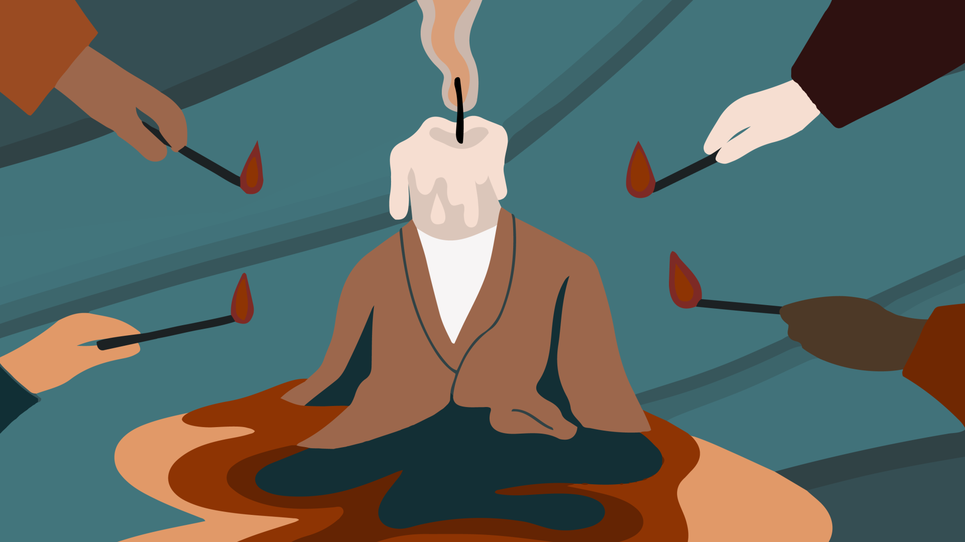 Graphic of hands lighting a melting candle shaped like a person