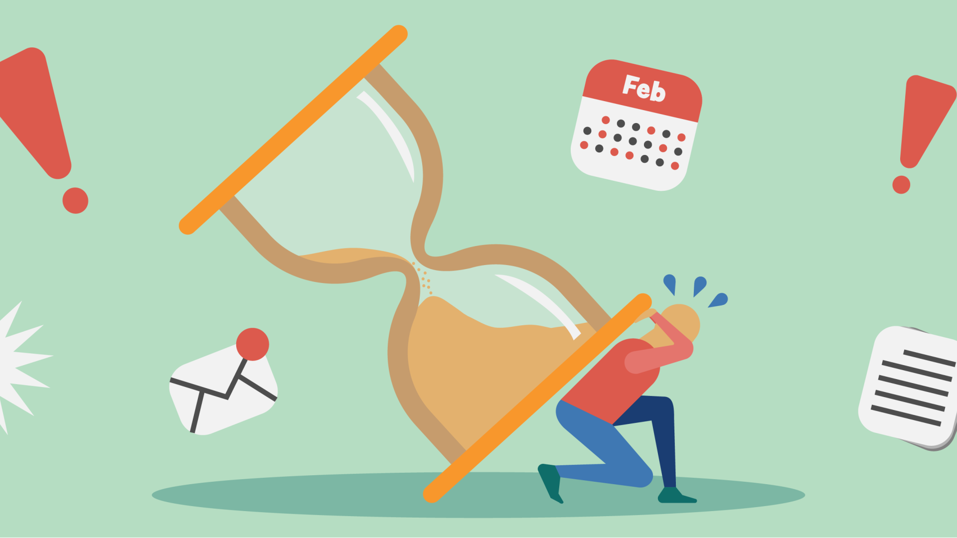Graphic of person holding up hourglass surrounded by notifications and deadlines