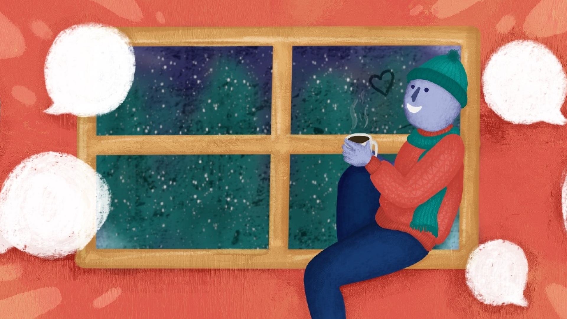Graphic of person sitting in front of cold, frosted window. Conversation bubbles are surrounding them.