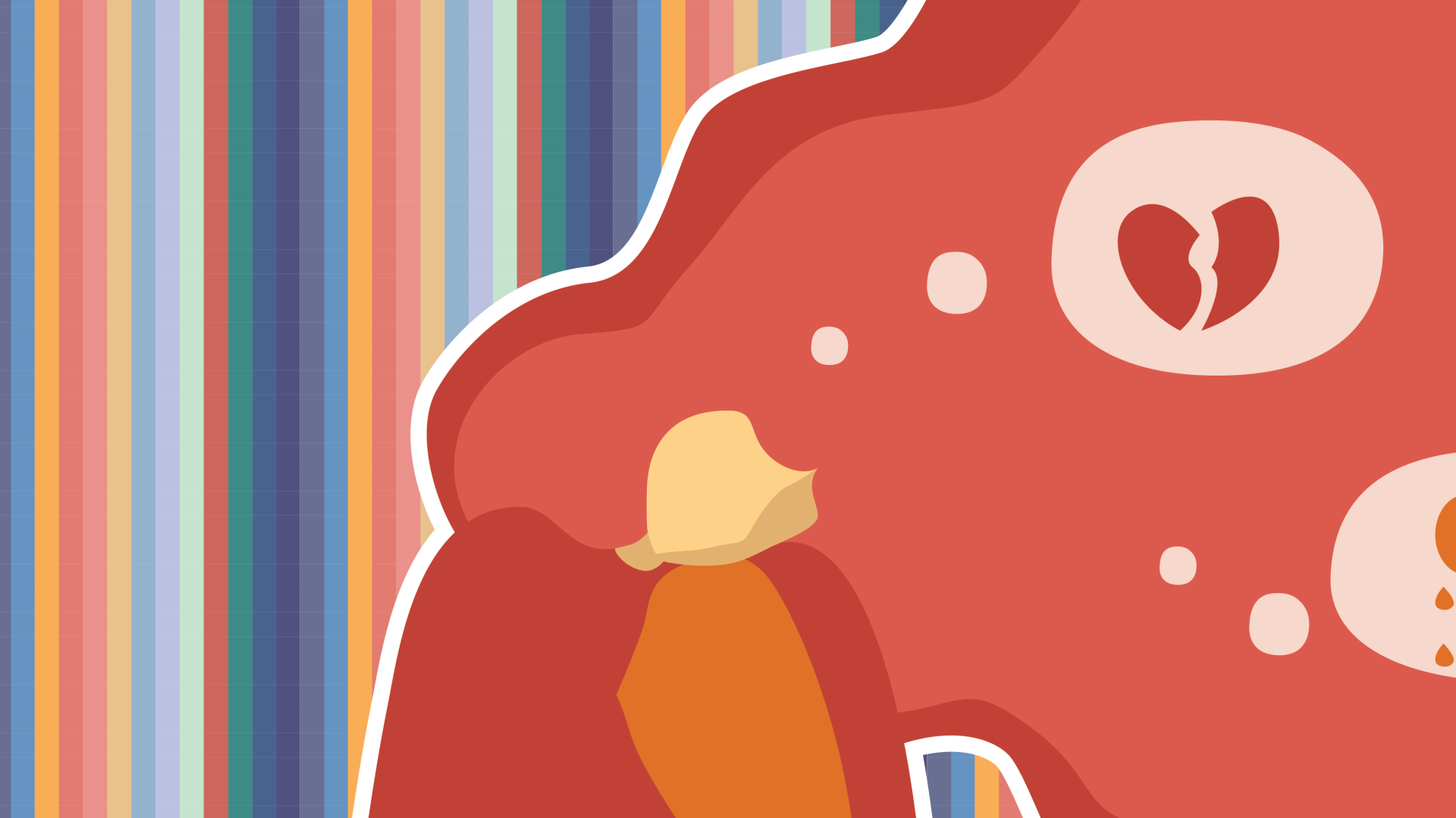 Colorful graphic of person with flowing red hair laying head on knee, thinking about disappointment