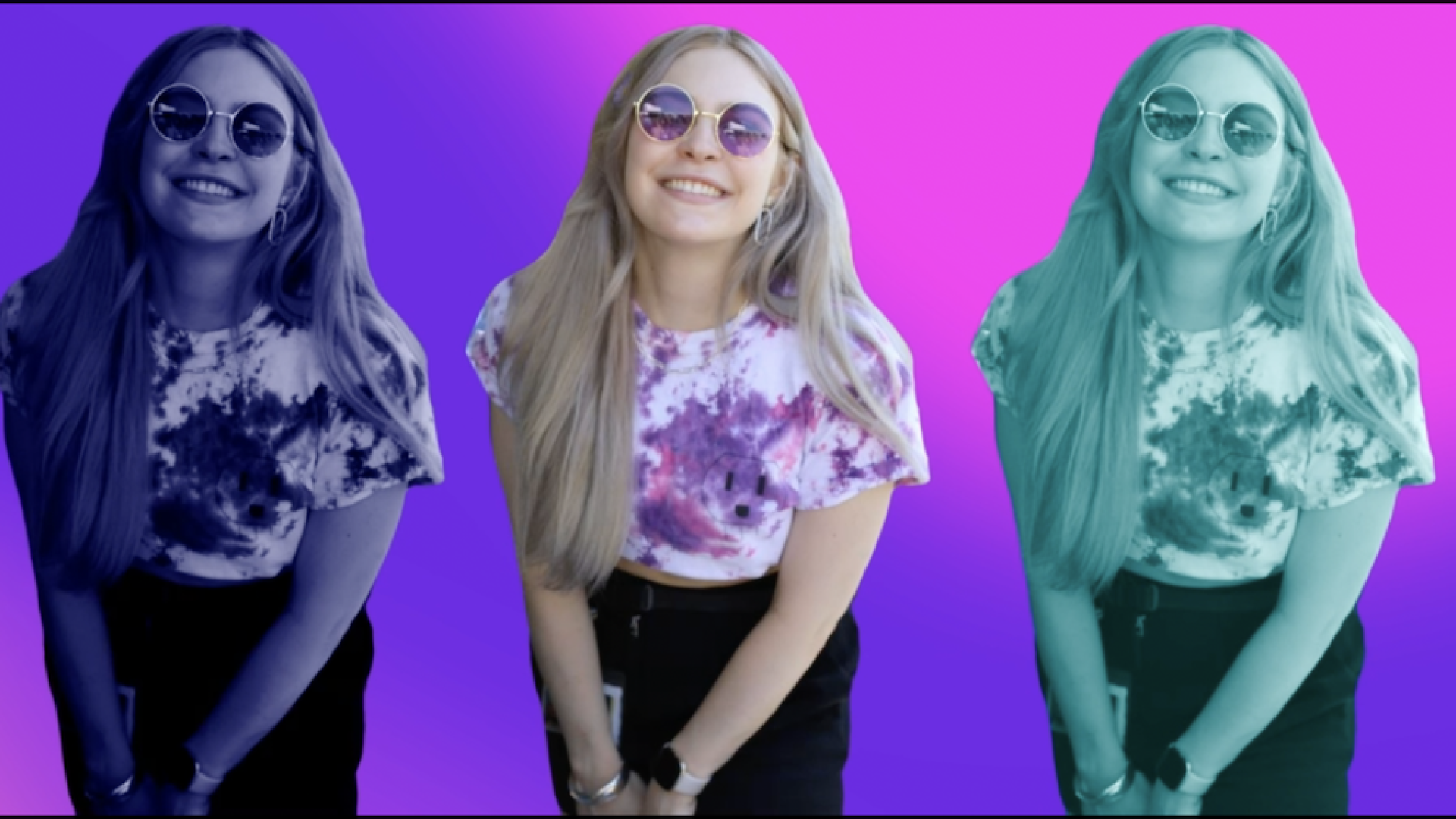 tie dye versions of a smiling woman in sunglasses