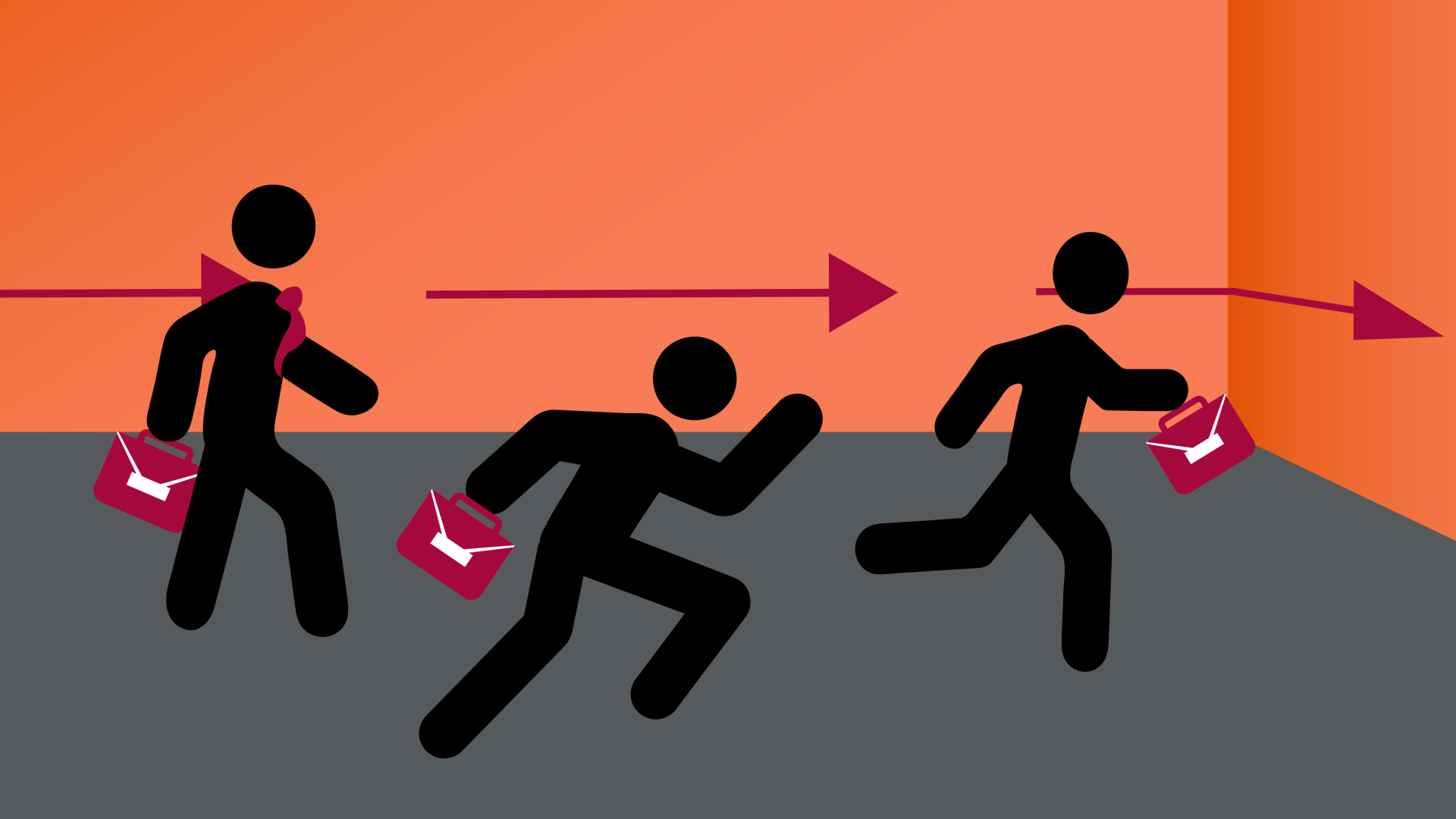 Graphic of figures with briefcases running towards an entrance located underneath a briefcase icon