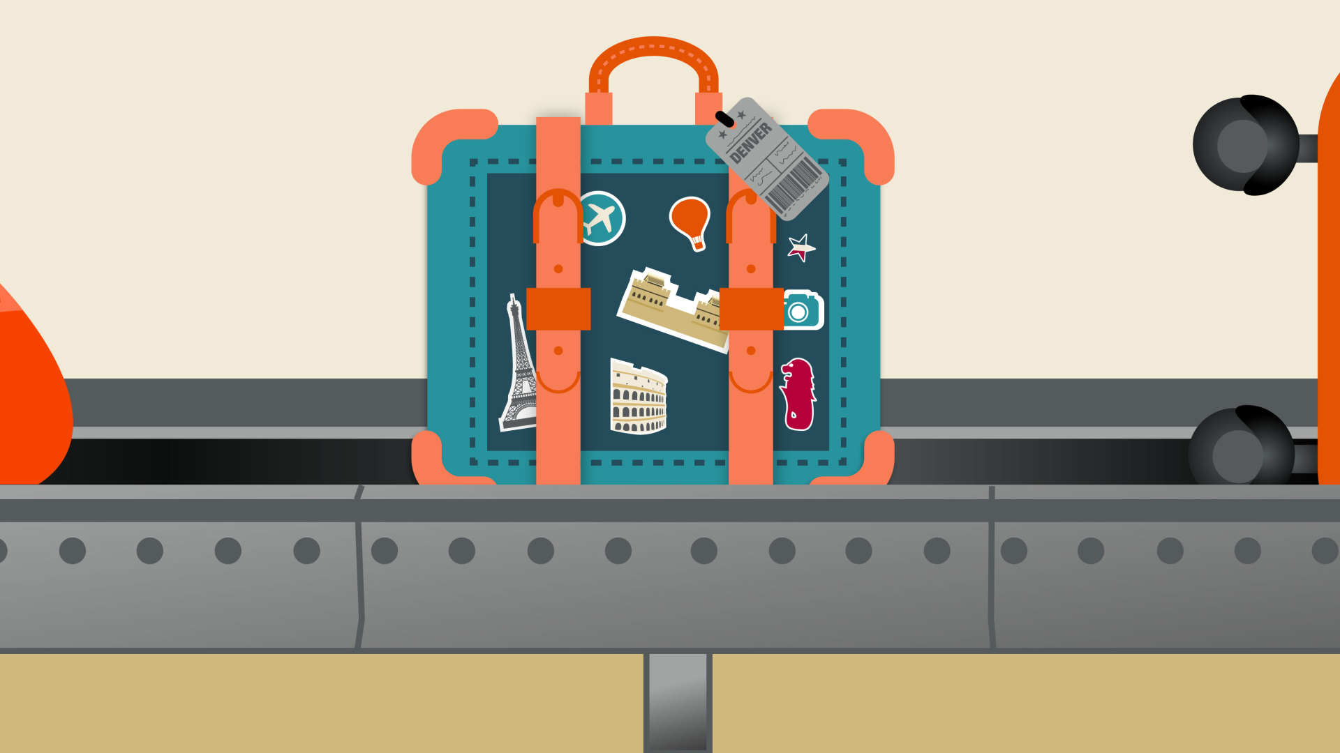 Graphic of luggage with stickers on conveyor belt