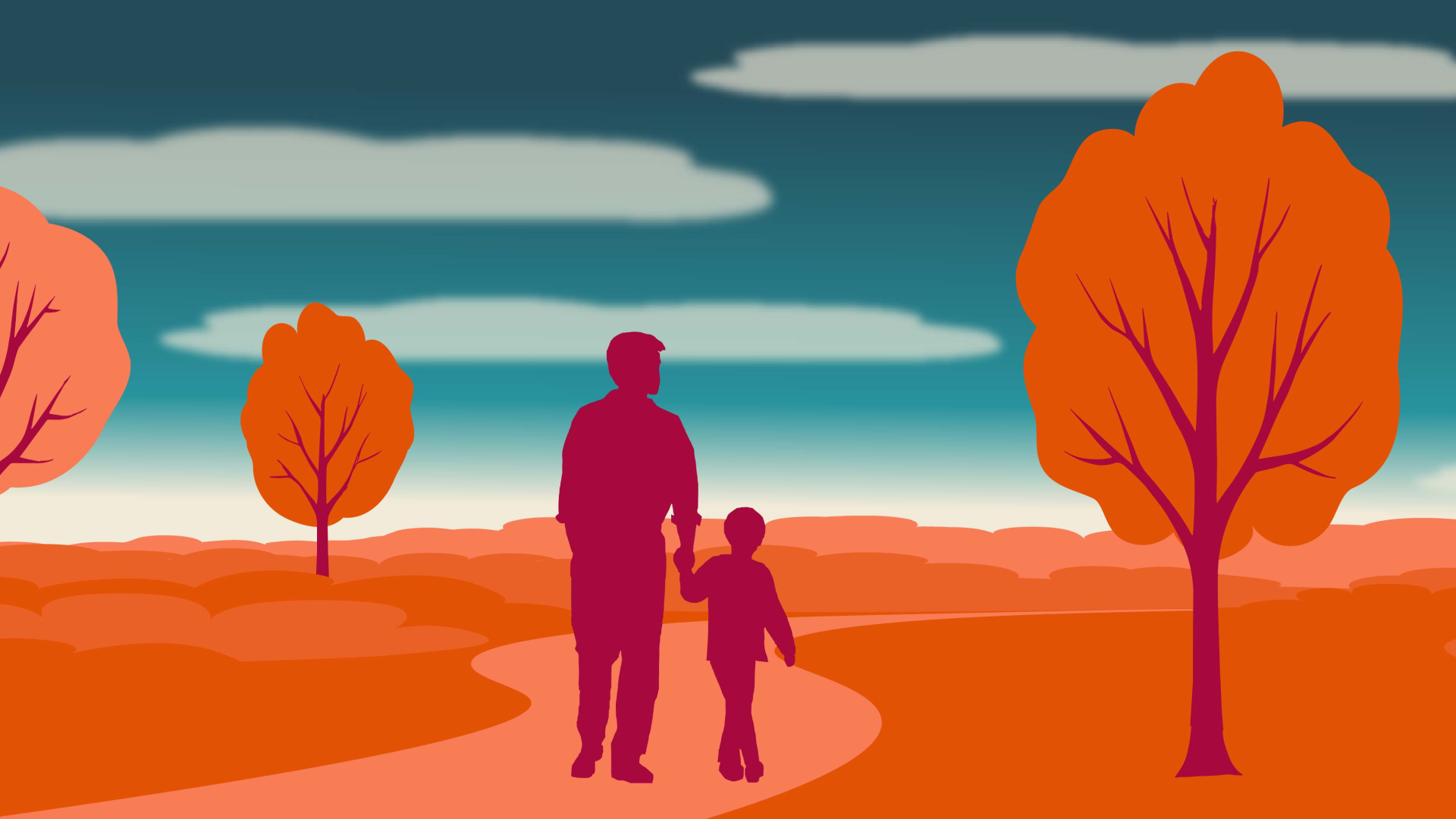 Graphic of silhouette of a person walking with a child along a path