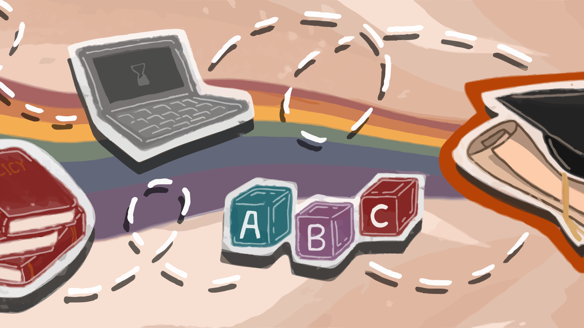 Colorful graphic of a globe, a stack of books, a laptop, alphabet blocks, and a graduation cap with a diploma