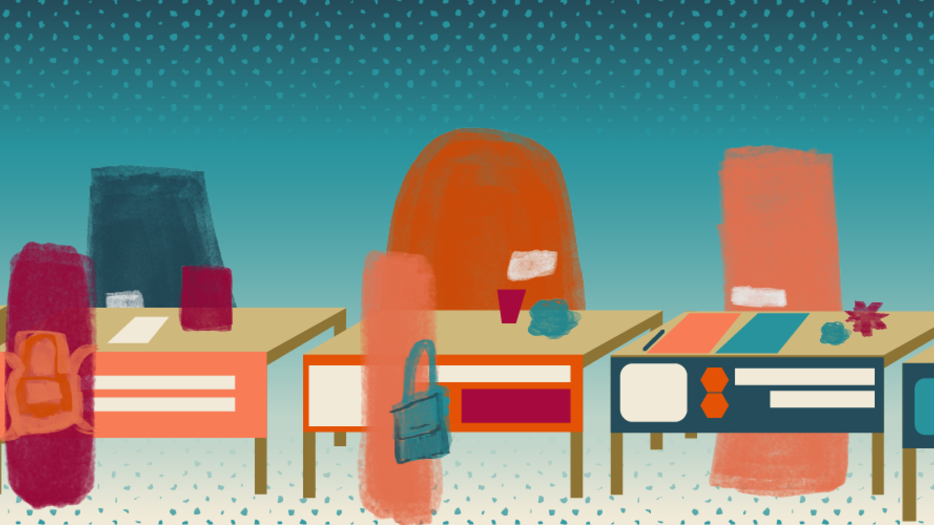 Graphic of figures around Internship & Job Fair tables