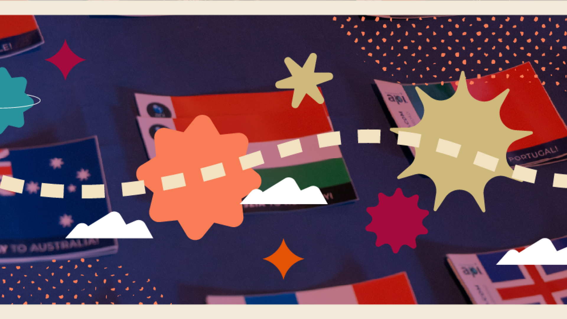 Photo of flag handouts with plane and shapes overlay