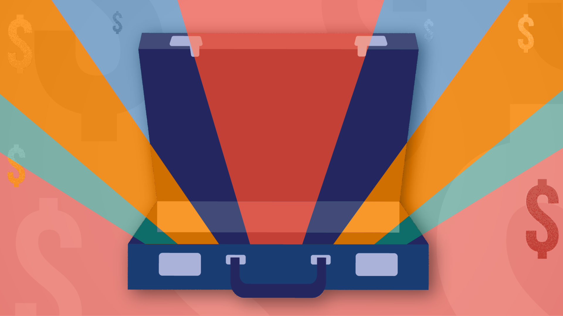 Graphic of open briefcase with dollar signs coming out of it
