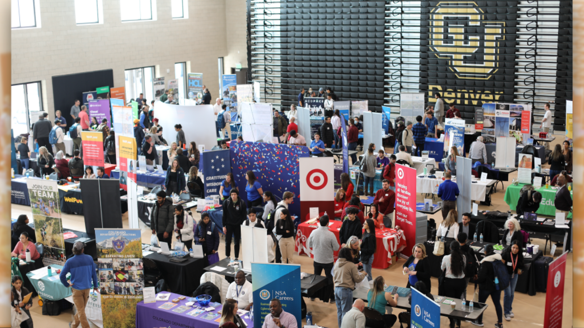 Photo of CU Denver's Internship & Job Fair with career brochure and question mark graphics