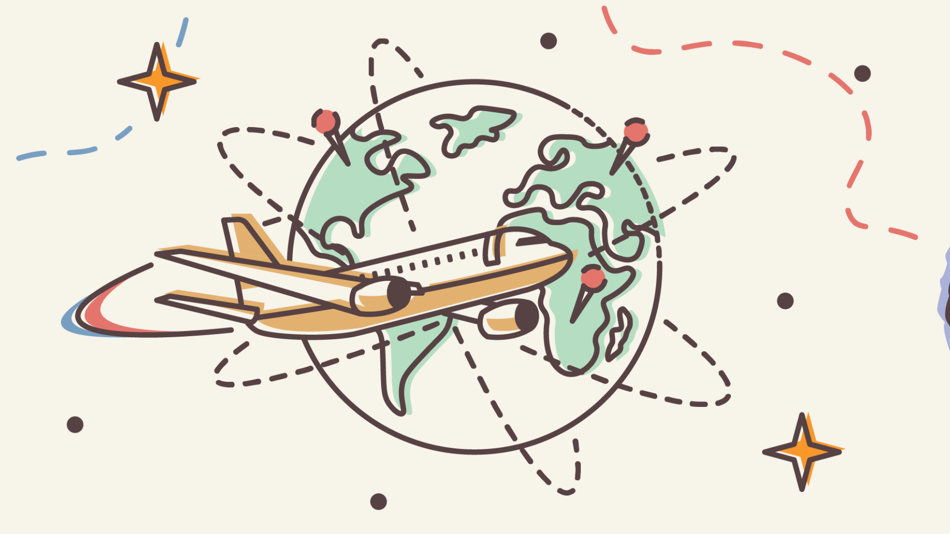 Graphic of luggage, plane flying around globe, and face mask