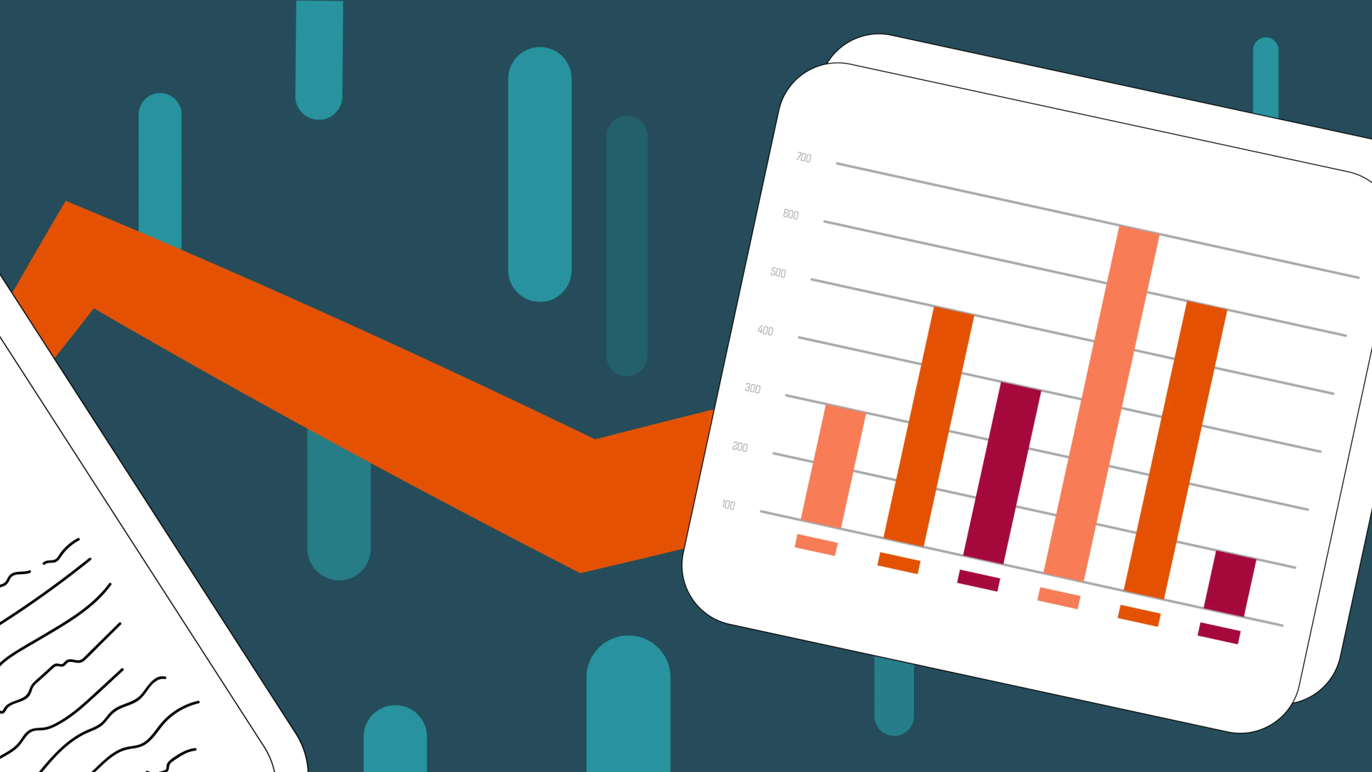 Graphic of an upwards arrow behind a page with a donut chart and a bar graph.