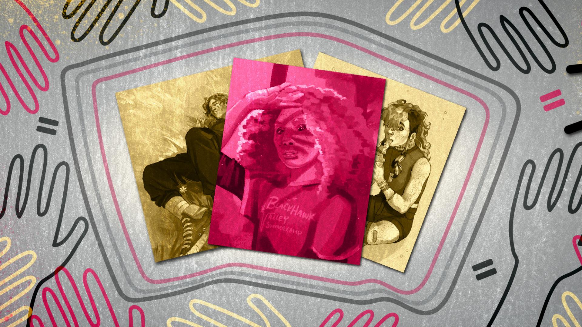 LearningHub4Hero" alt="Graphic of artwork by CAM student Archer surrounded by graphics of hands and mouths talking