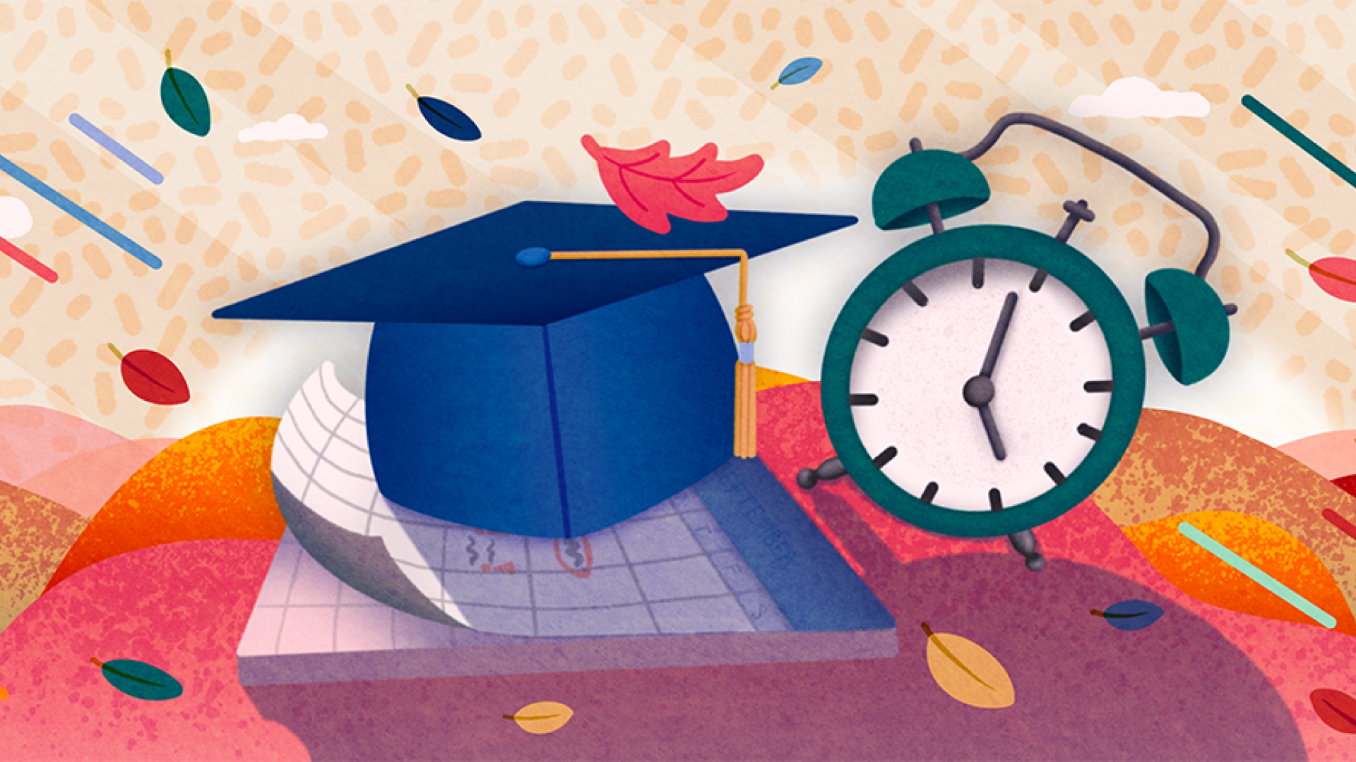 Graphic of a graduation cap, clock, and calendar with leaves blowing in the background