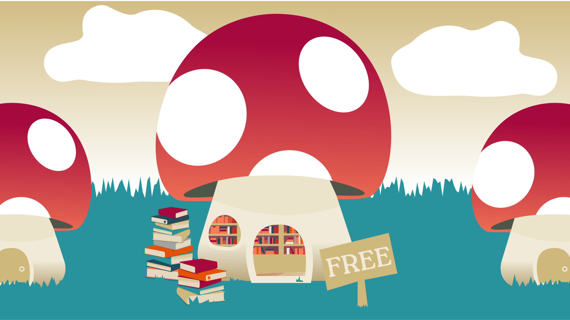 Graphic of mushrooms with libraries inside
