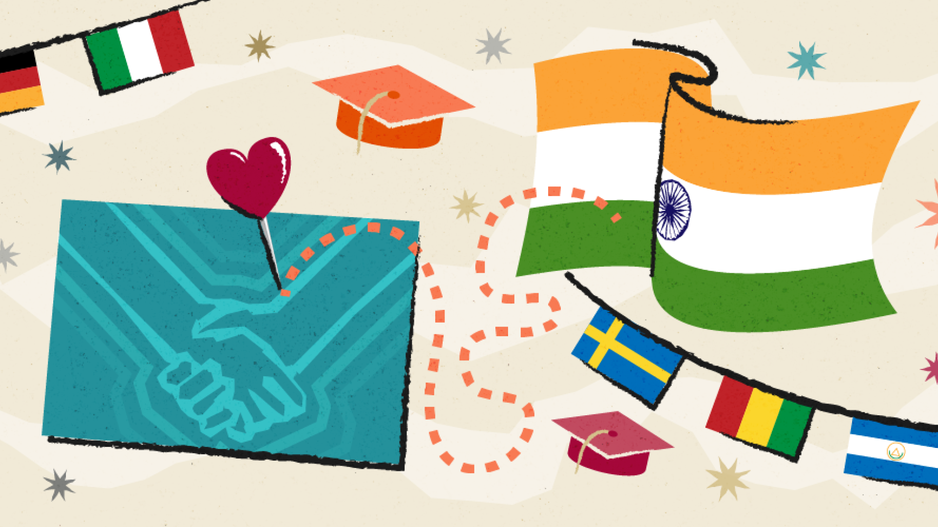 Graphic of Colorado and India's flag, surrounded by graduation caps, stars, and other world flags