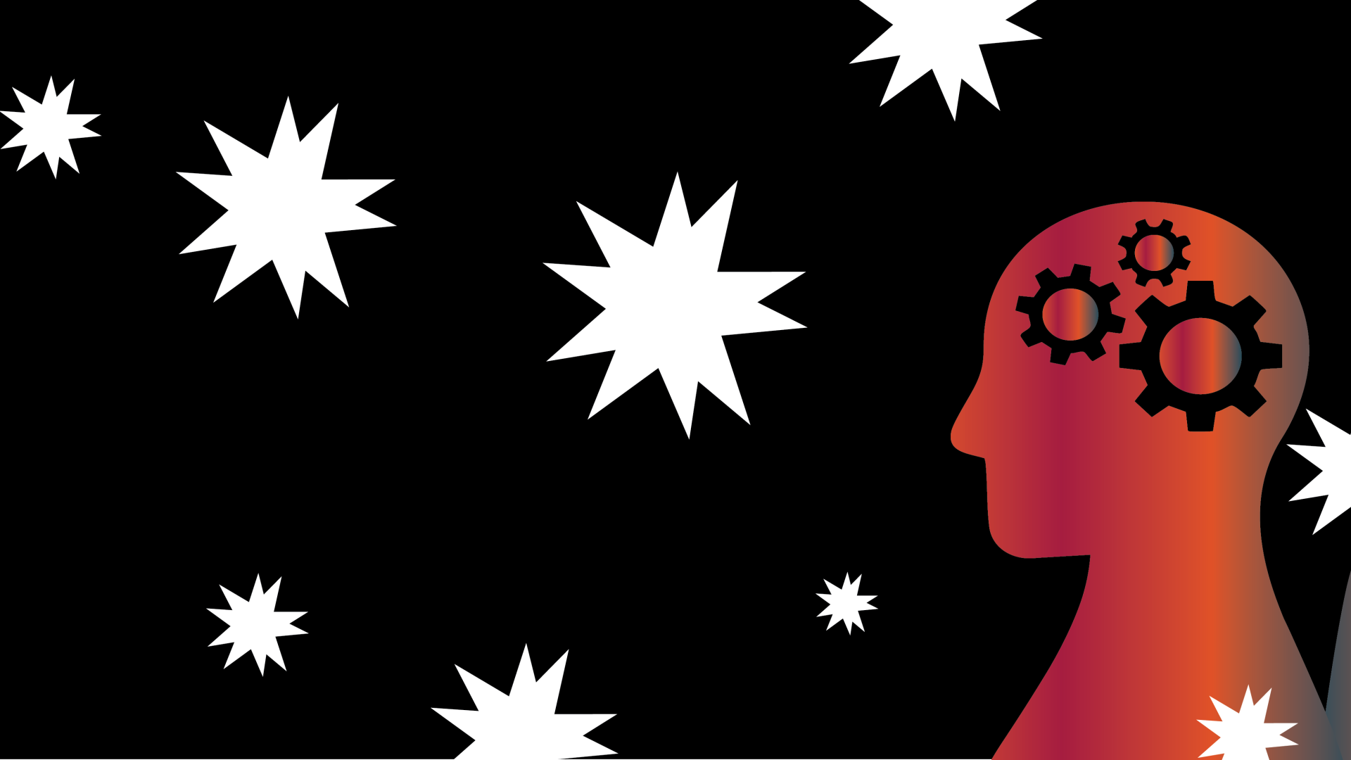 Graphic of side profile silhouettes with gears inside head. Stars in background.