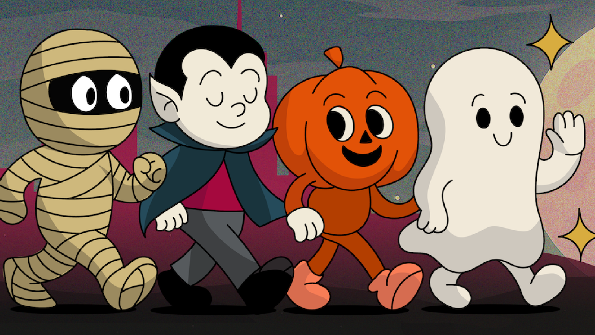 "Graphic of cartoon mummy, vampire, pumpkin, and ghost walking