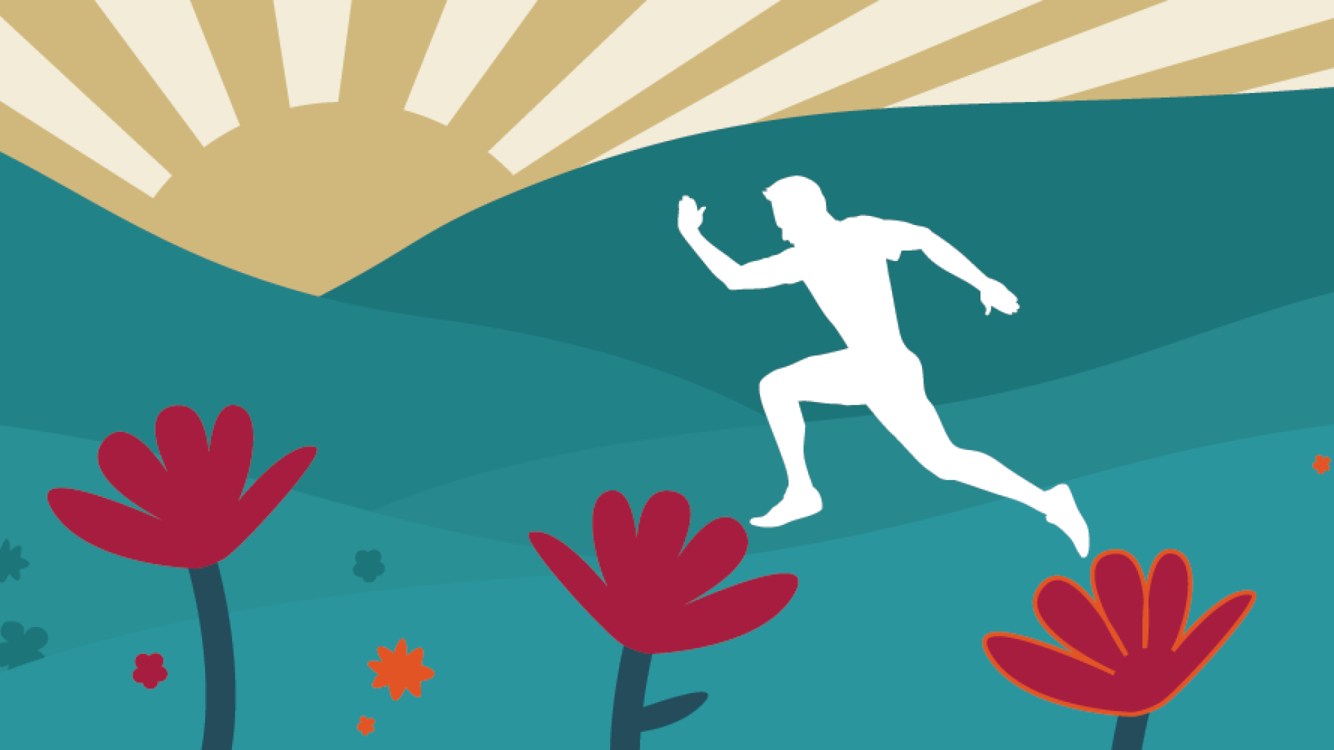 Graphic of person jumping across flower field to trophy
