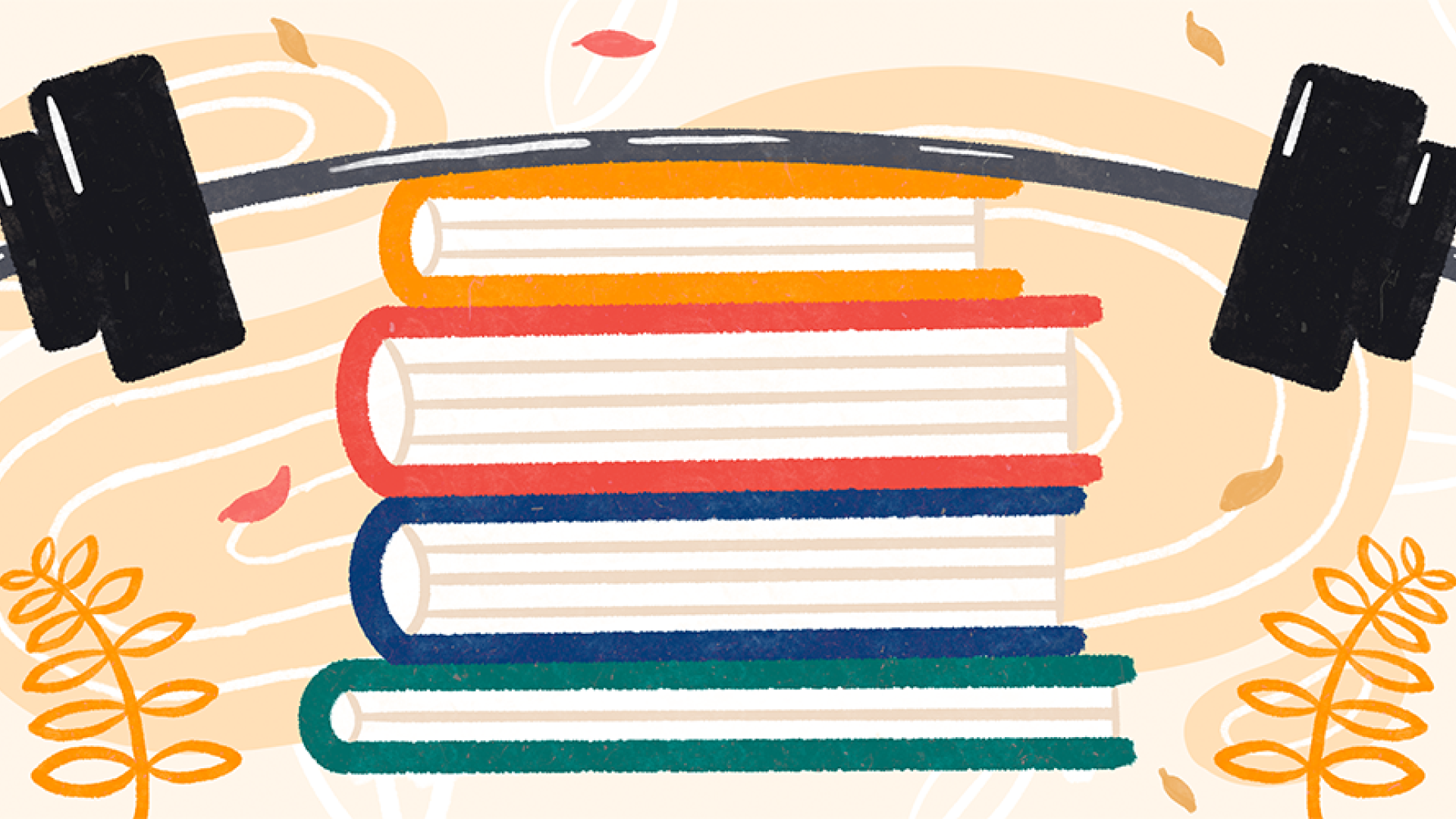 Graphic of a barbell sitting on top of a book stack