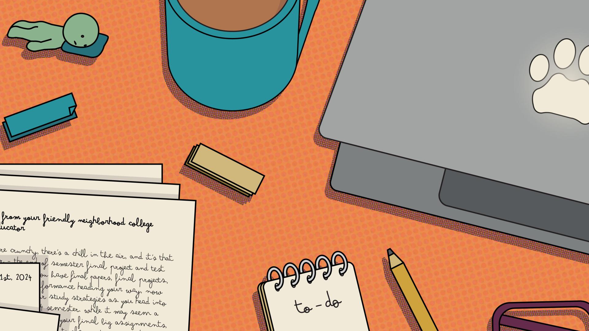 Graphic of desk top with notes, sticky notes, a coffee mug, a pen, a pencil, a Smiski, glasses, and a laptop
