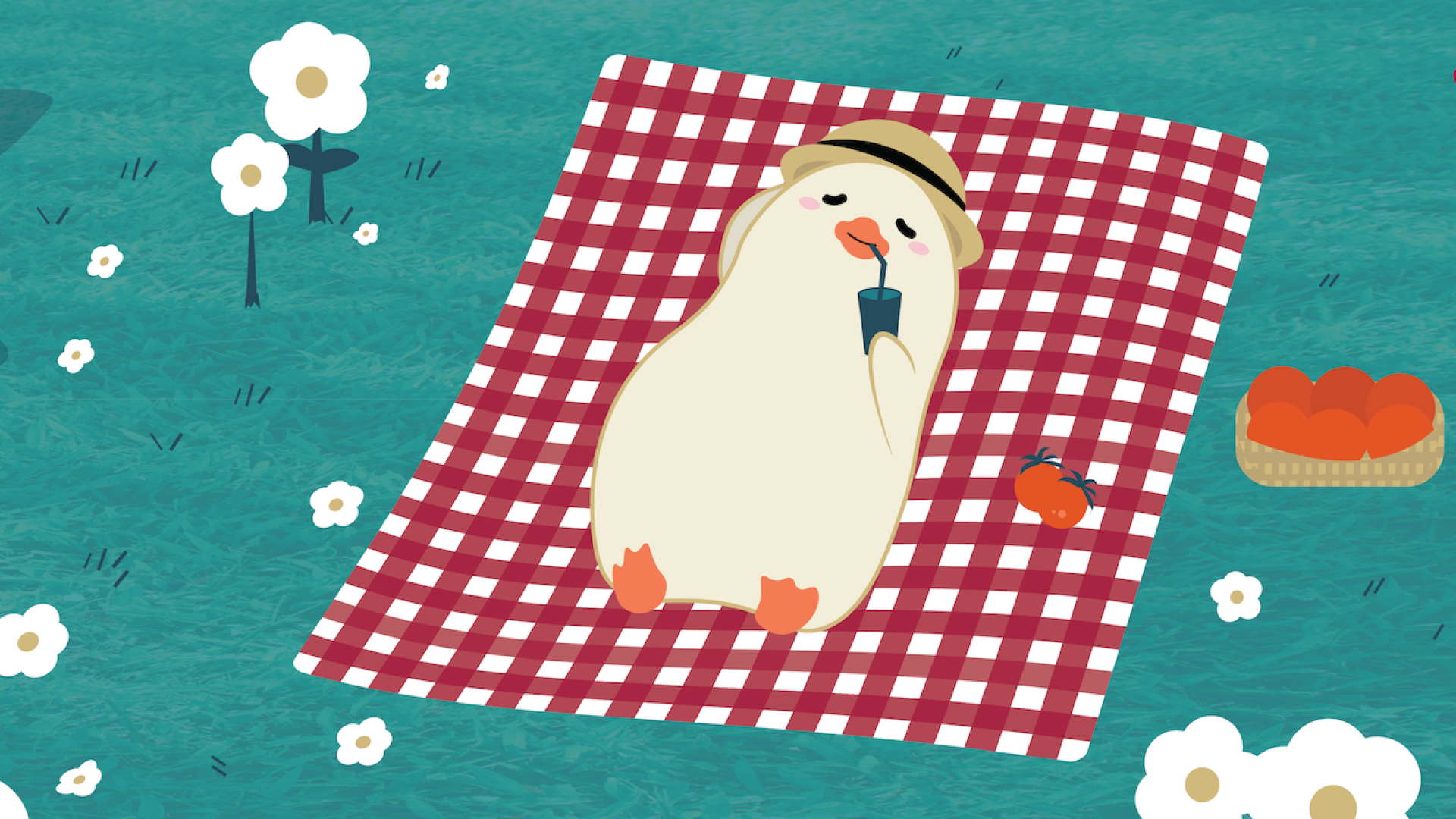 Graphic of duck laying on picnic blanket on a field of grass and flowers